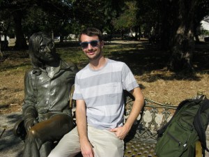 Parque Lennon has a guard whose main job is to make sure the statue's glasses don't get stolen, so he keeps them in his pocket until someone wants a photo. The Bear Comes Home is in the backpack.